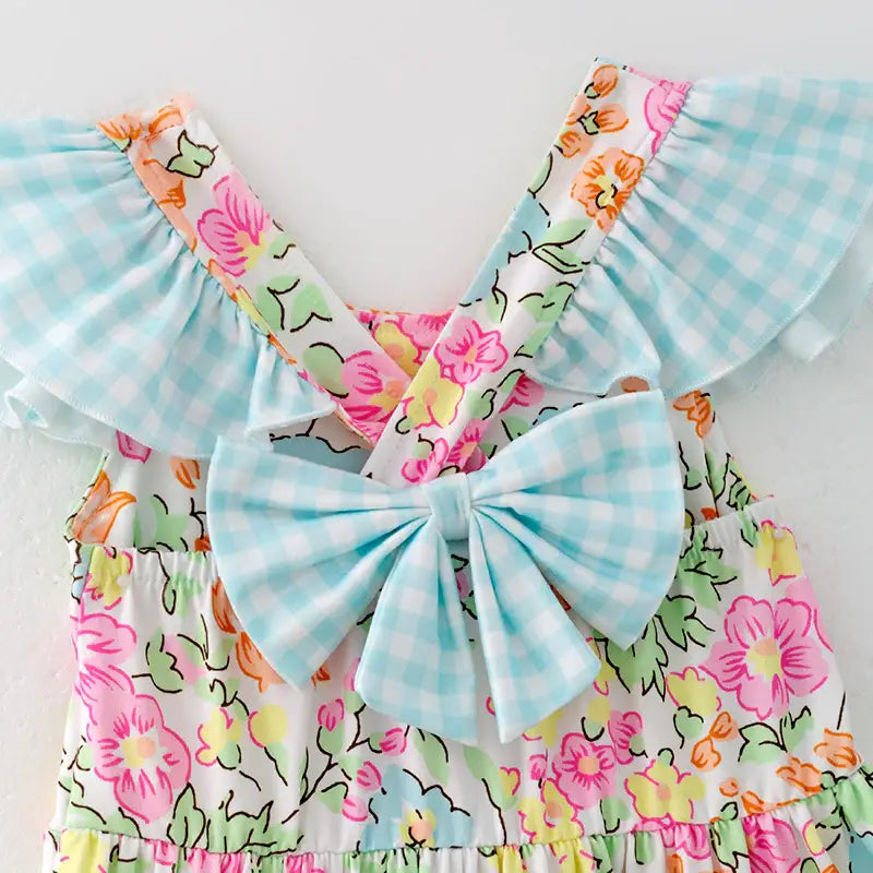 Girls Summer Blue Plaid Bow Floral Print Ruffled Dress