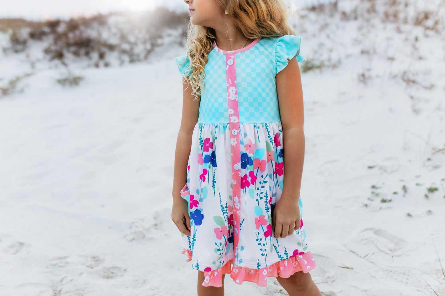 Sky Blue & Pink Floral Pocket Ruffle Spring Dress