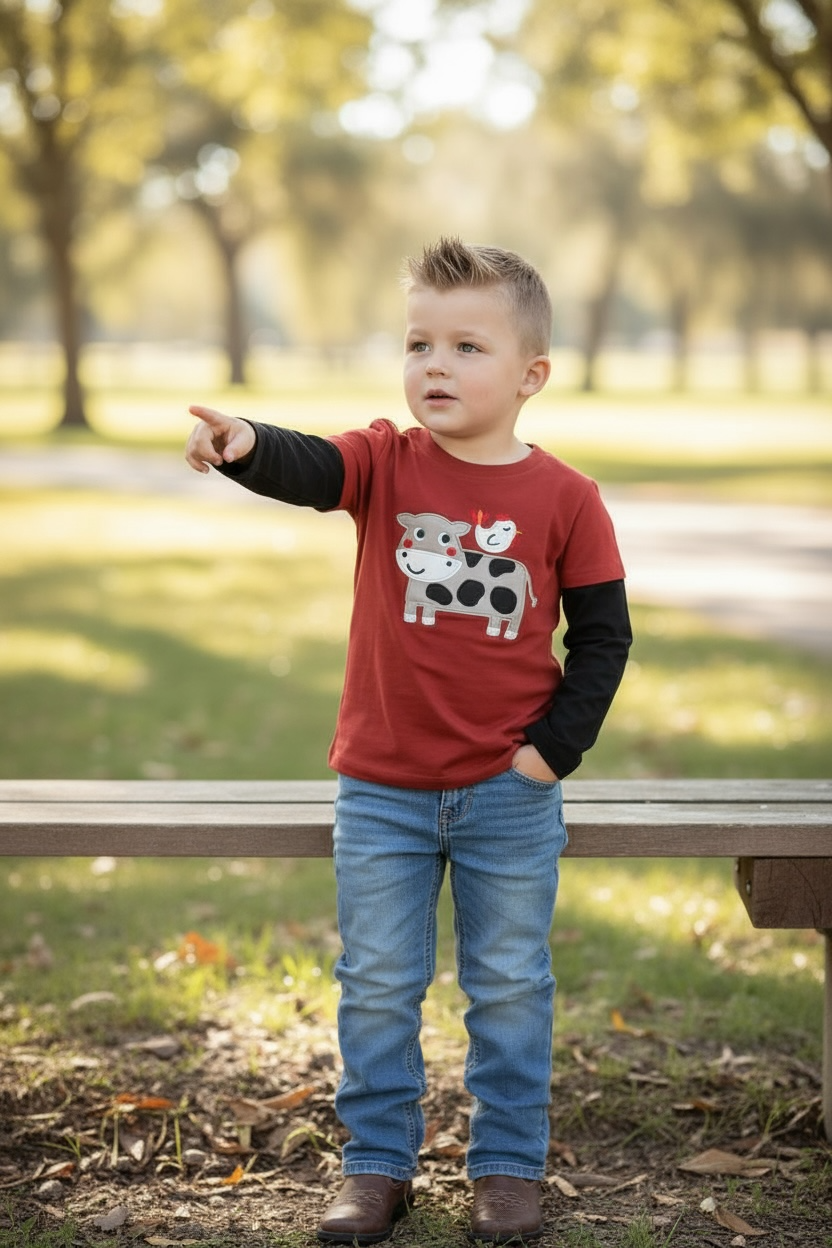 Cow applique long sleeve boys shirt.
