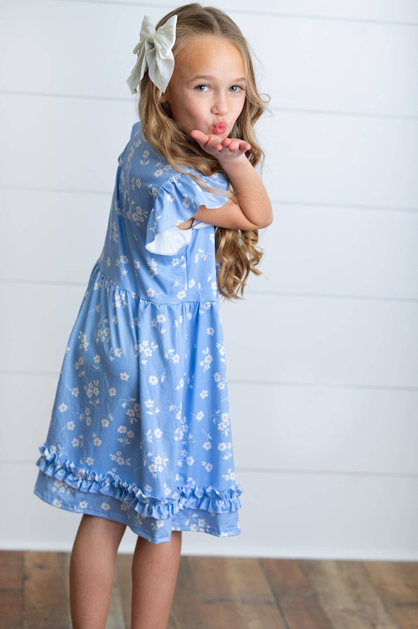 Kids Periwinkle Dainty Flower Button Ruffle Spring Dress