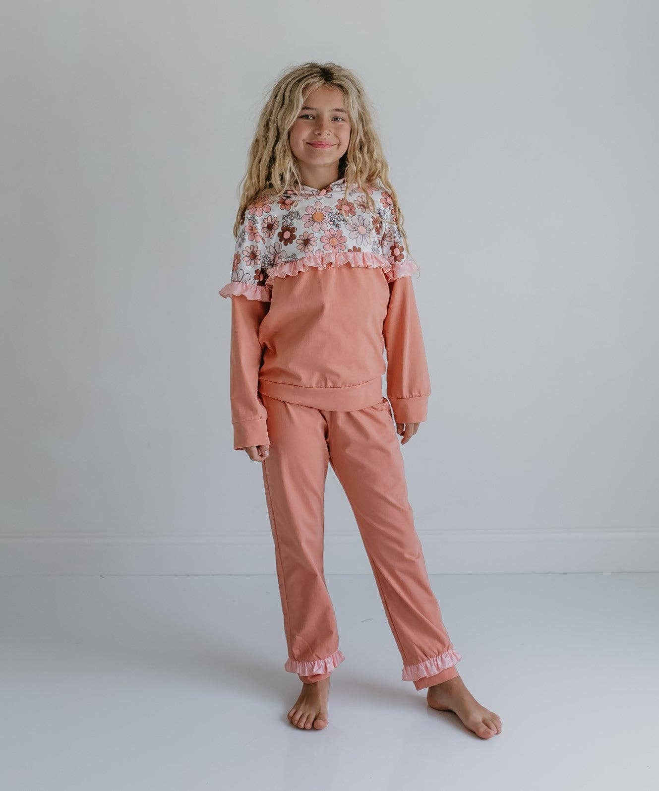 Girls Desert Tan Retro Flower Ruffle Hoodie Lounge Set