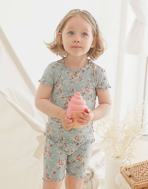Shirring Flower Mint Short sleeve Viscose Pajama