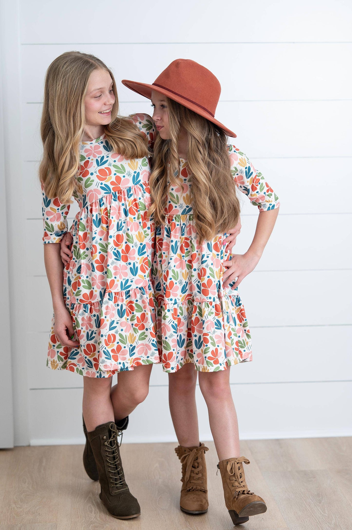 Oopsie Daisy - Girls Emma Retro Rust Mod Fall Floral Tiered Twirl Dress
