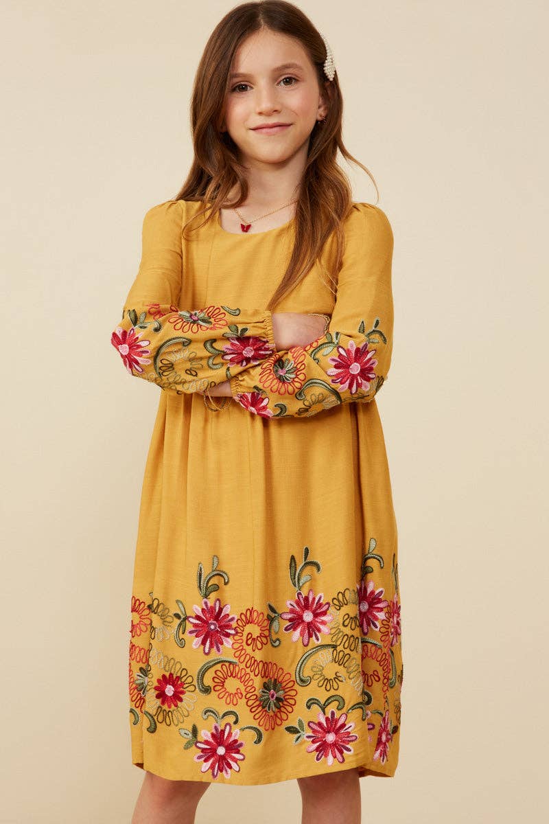 Hayden LA - Girls Embroidered Detail Long Sleeve Scoop Neck Dress