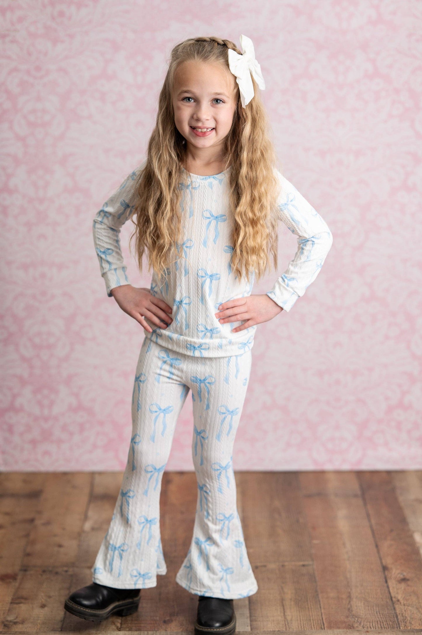 Adorable Sweetness - Girls Coquette Blue Bow Cable Knit Flare bottom Set