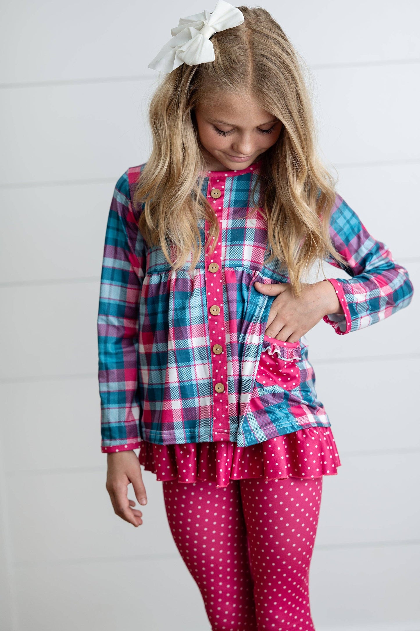 Adorable Sweetness - Girls Hot Pink & Teal Plaid Ruffle Pocket Button Legging Set