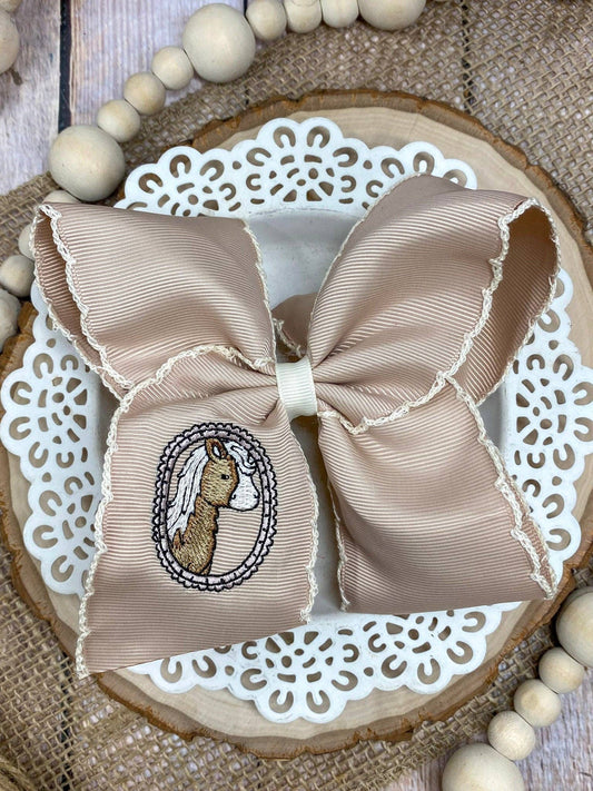 Cameo Horse Embroidered Moonstitch Hair Bow | Clip