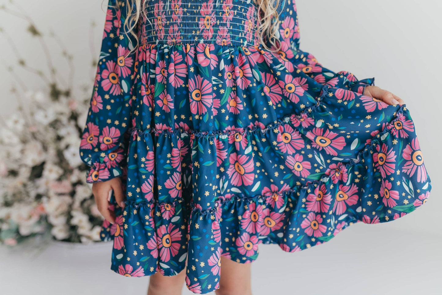Oopsie Daisy - Girls Grace Blue & Pink Flower 3 Tiered Smocked Dress