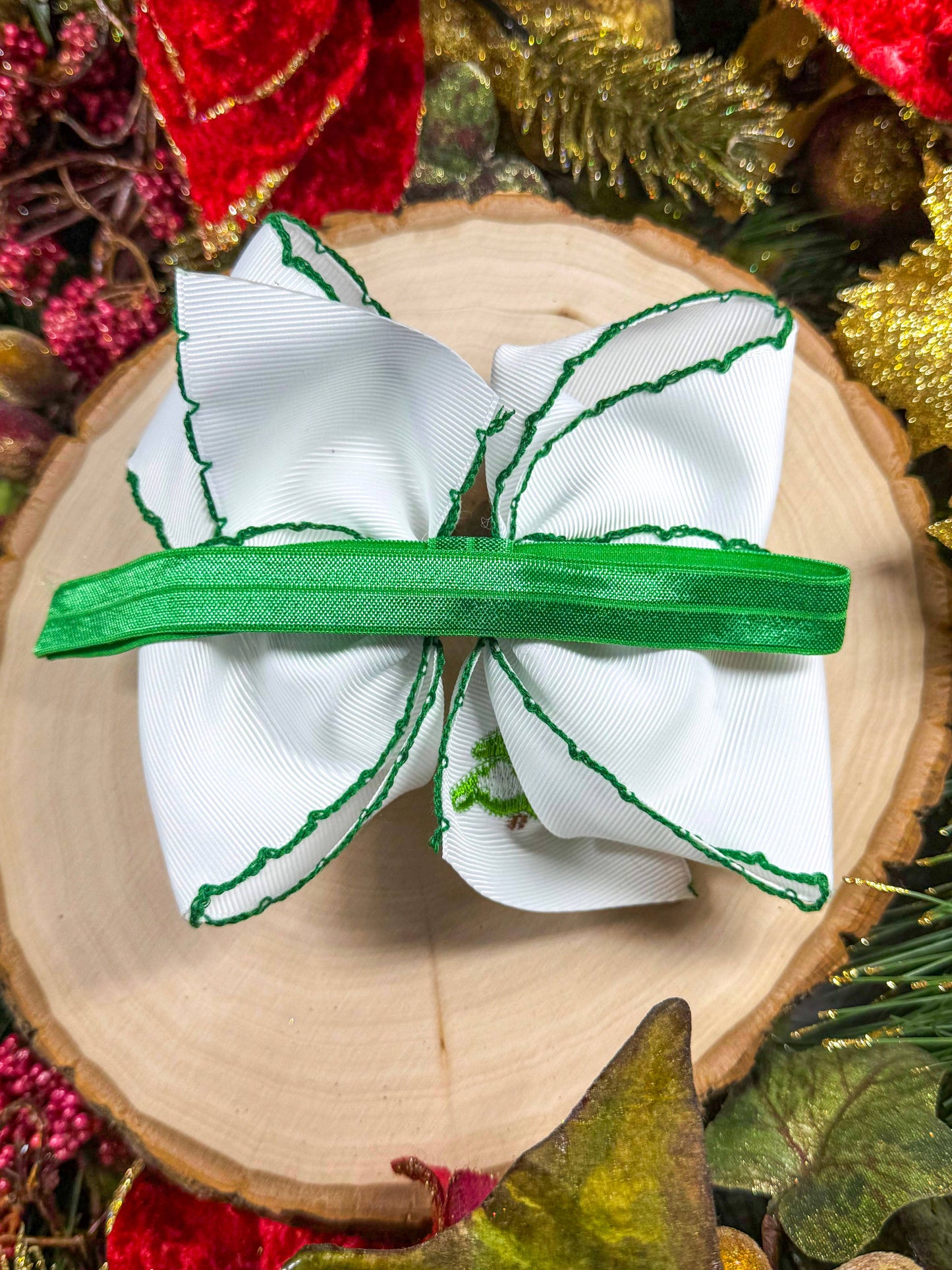The Hair Bow Company - Christmas Tree Embroidered Moonstitch Bow Headband