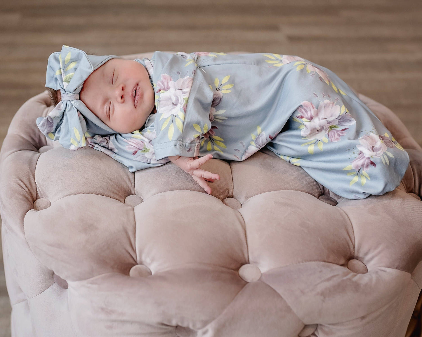 Adorable Sweetness - Infant Girls Gray Blue Floral Baby Gown and Bow Headband