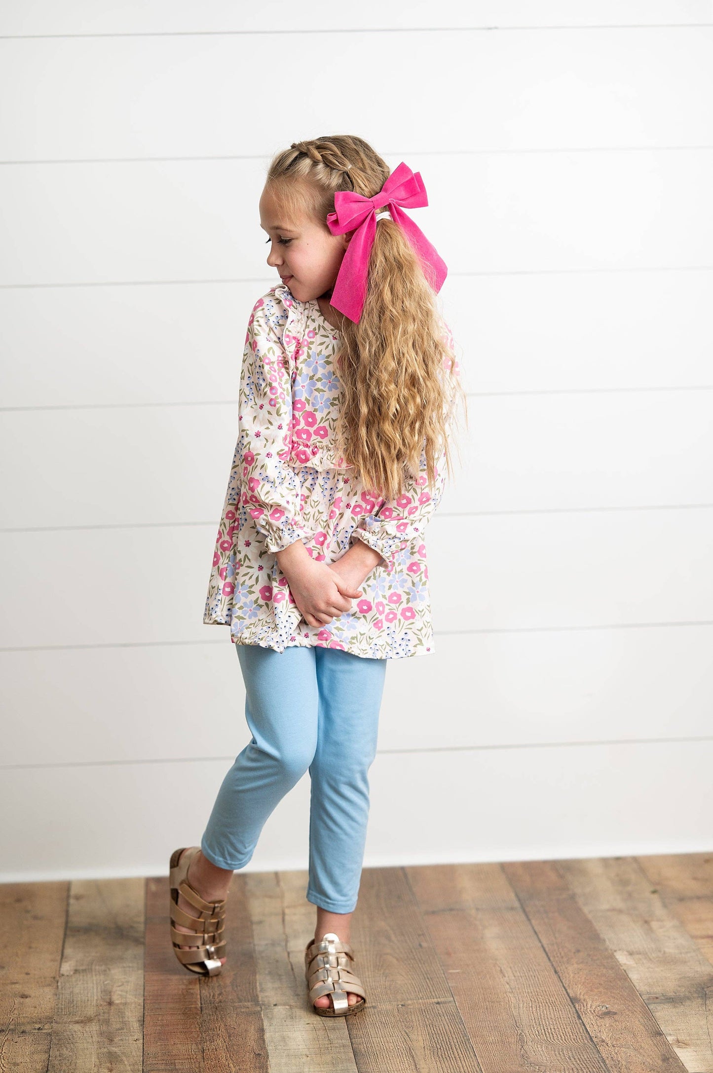 Girls Pink Floral Ruffle Top & Periwinkle Fall Pant Set