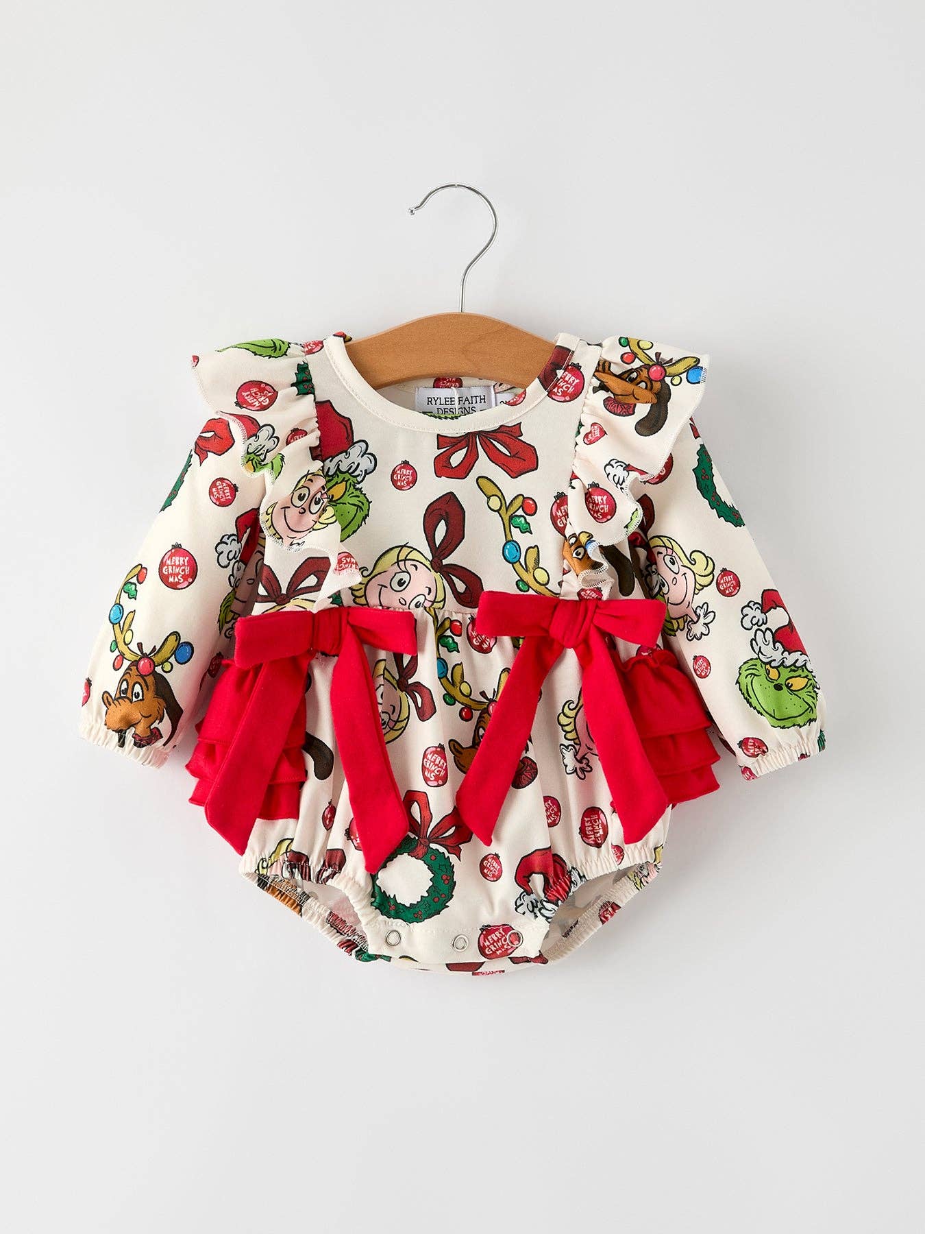 Rylee Faith Designs - Christmas Character Print Baby Girls Romper with Red Bow Detail