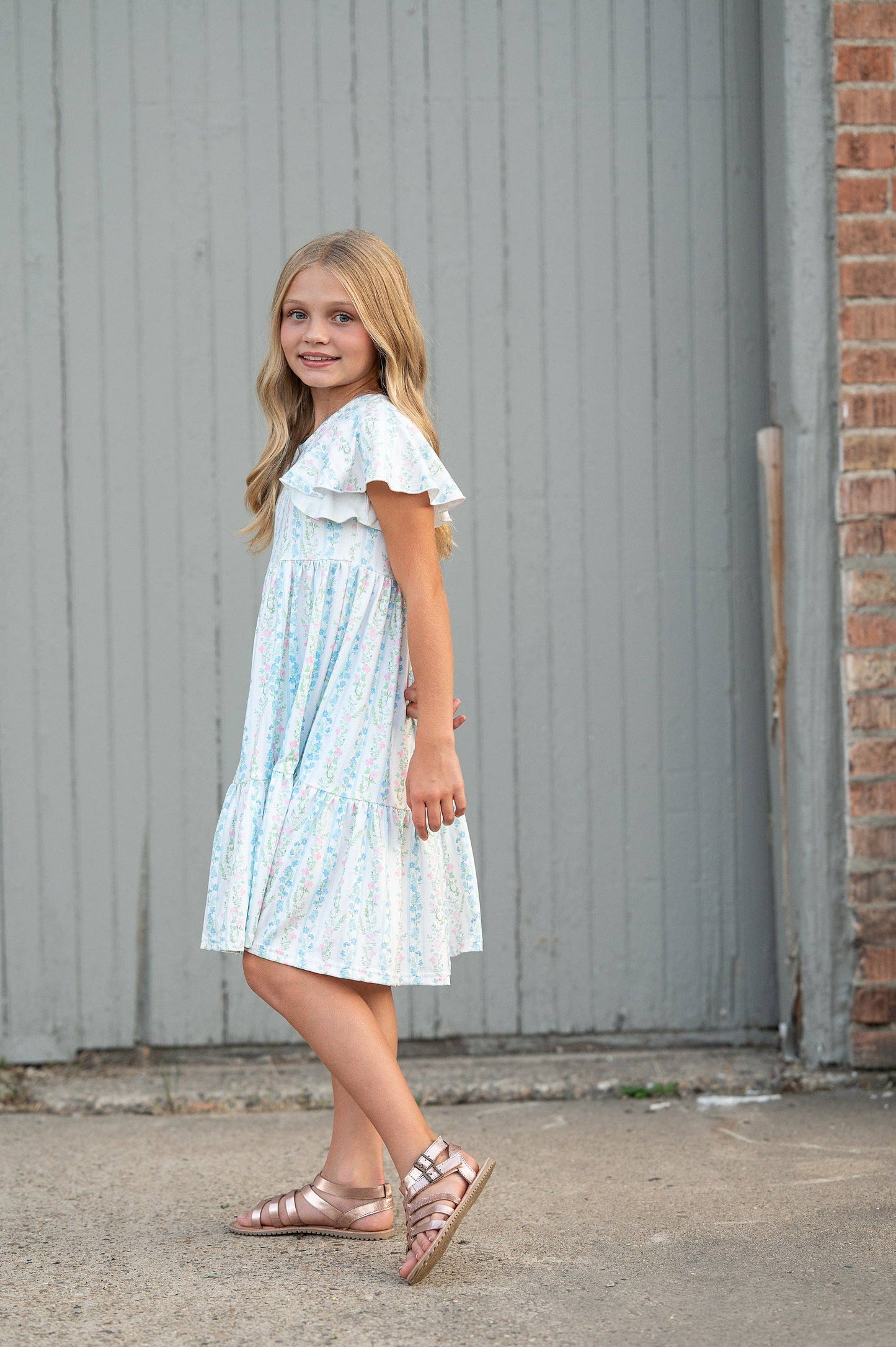 Emmy Dainty Pastel Floral Flutter Sleeve Twirl Dress