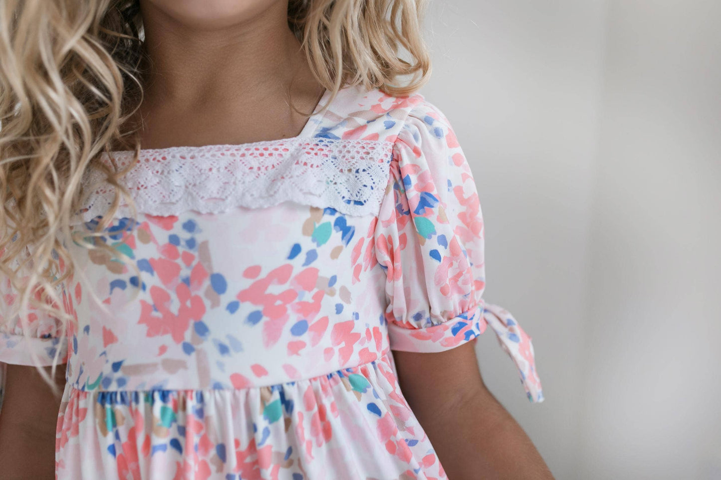 Kids Pink & Blue Lace Tiered Square Neck Spring Summer Dress
