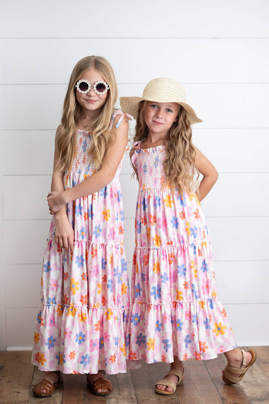 Oopsie Daisy - Girls Pink Retro Daisy Tiered Spring Summer Maxi Dress