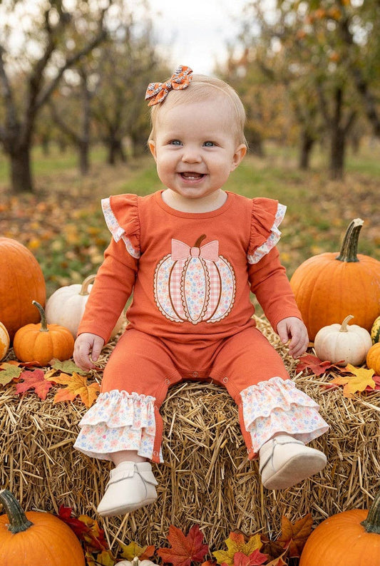 Kids Charm Online - Orange baby romper w/ floral applique pumpkin & snaps. RPG62709 SOL