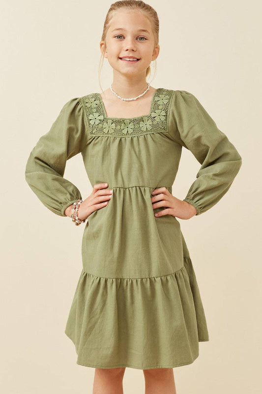 Hayden LA - Girls Lace Trimmed Square Neck Tiered Dress