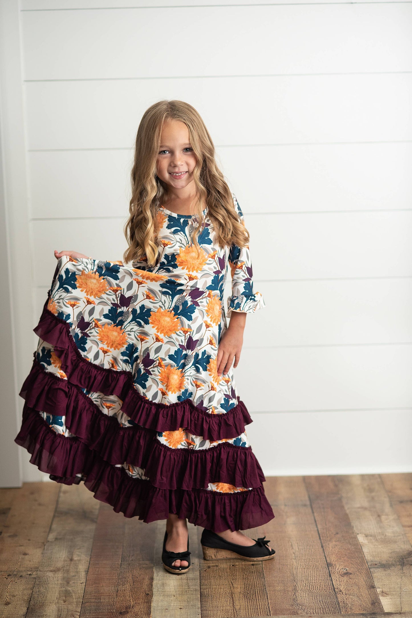 Kids Mustard & Plum Long Sleeve Ruffles Dress