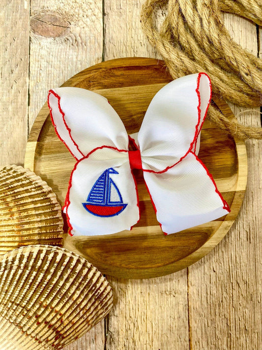 Sailboat Embroidered Classic Hair Bow | Clip