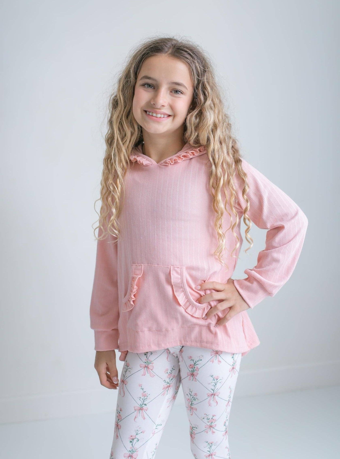 Oopsie Daisy - Girls Pink Ruffle Hi Lo Hoodie & Coquette Bow Legging Set