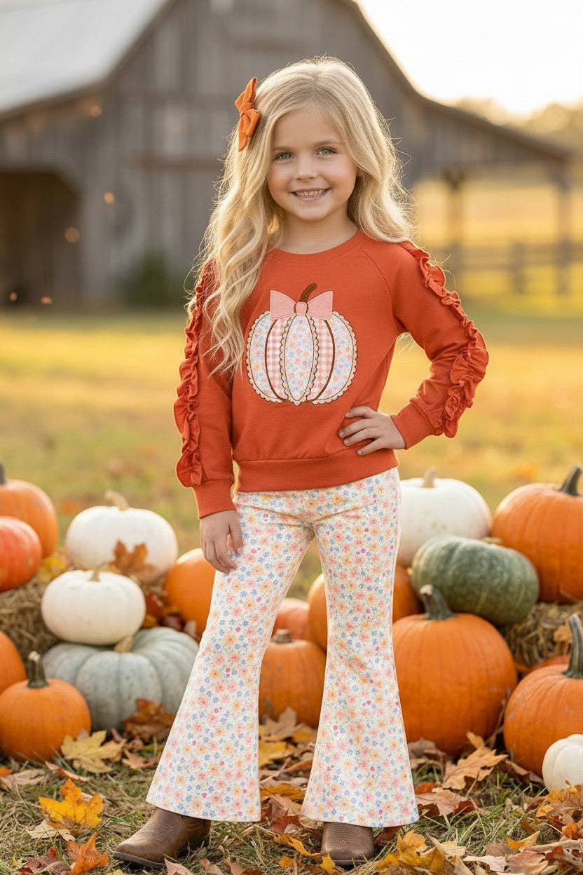Kids Charm Online - Orange baby romper w/ floral applique pumpkin & snaps. RPG62709 SOL