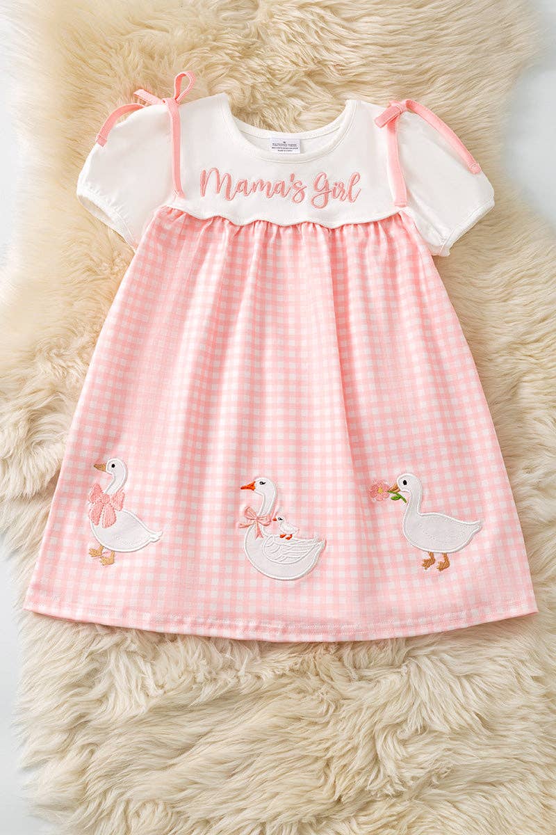 "Mama's Girl" Geese applique on pink gingham printed dress