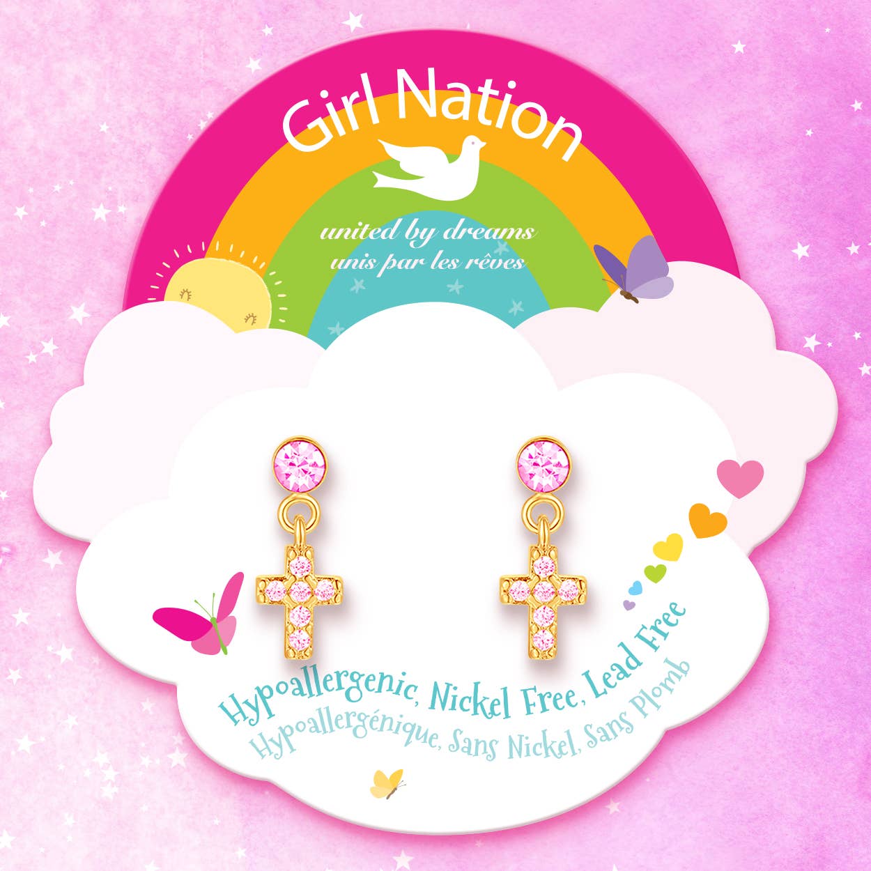Girl Nation - Little Luxe Drop Earrings | Cross with Pink Cubic Zirconia