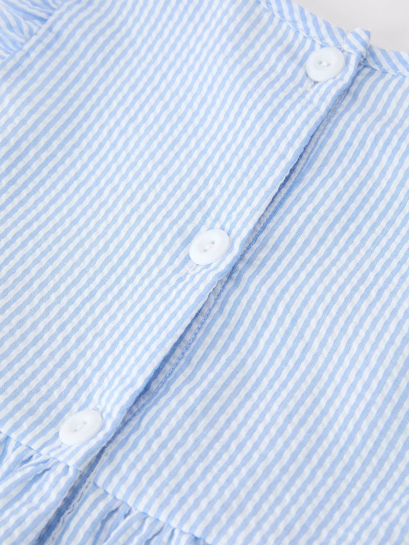 Rylee Faith Designs - Summer Bus Applique Girls Dress Blue Stripe Ruffle
