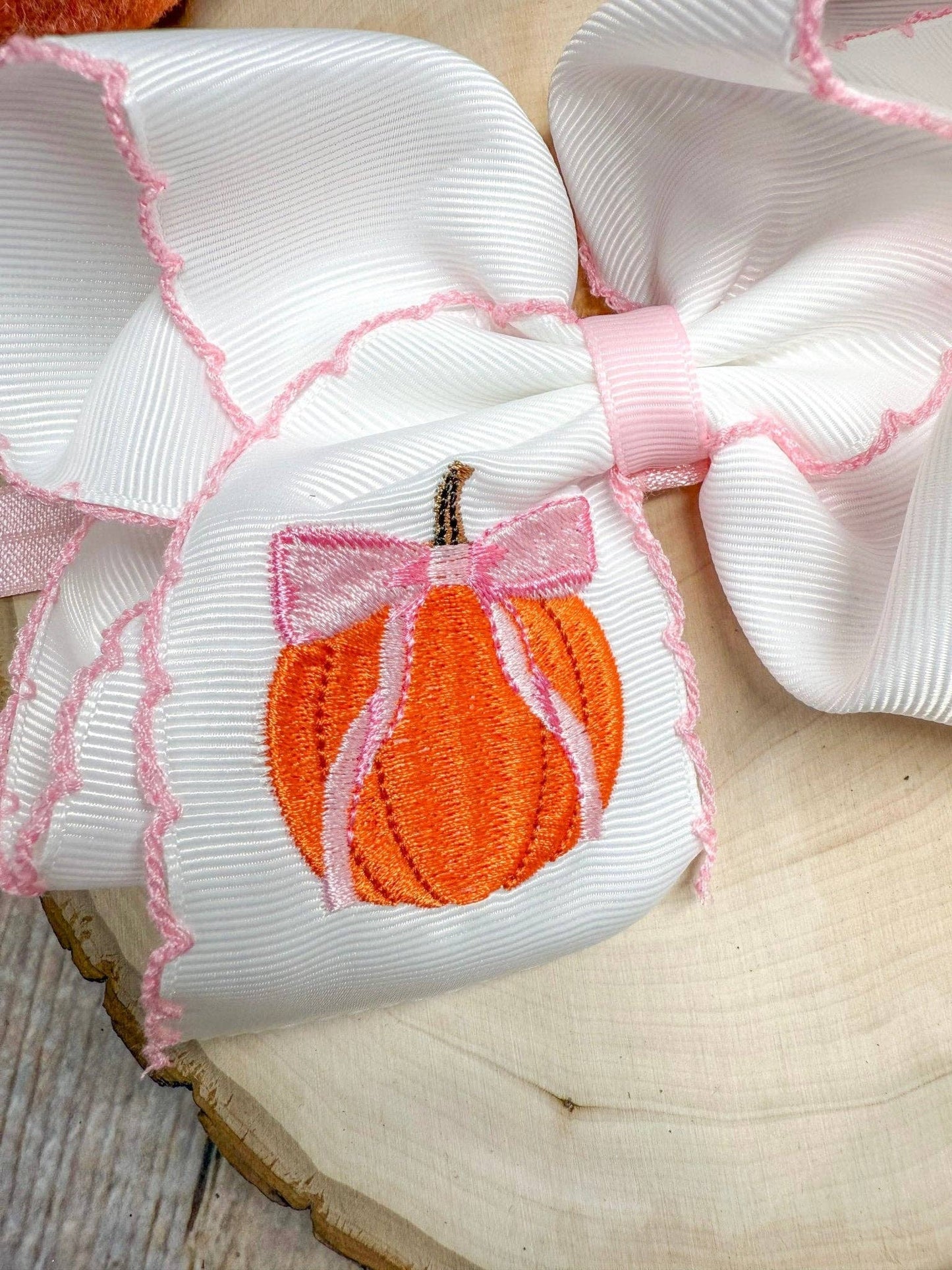 Coquette Pumpkin Embroidered Moonstitch Hair Bow | Clip or Headband