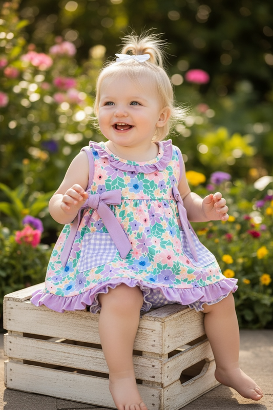 Kids Charm Online - Lilac trim floral printed runic and gingham pockets & pockets. RPG60329 JEAN