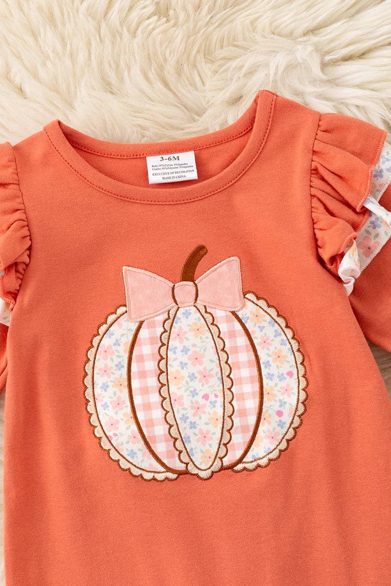 Kids Charm Online - Orange baby romper w/ floral applique pumpkin & snaps. RPG62709 SOL