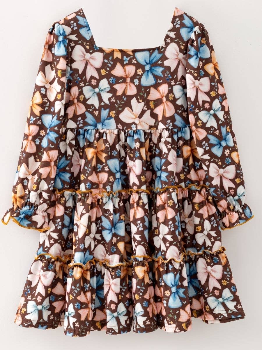 Girls Bow Print Ruffle Tiered Dress