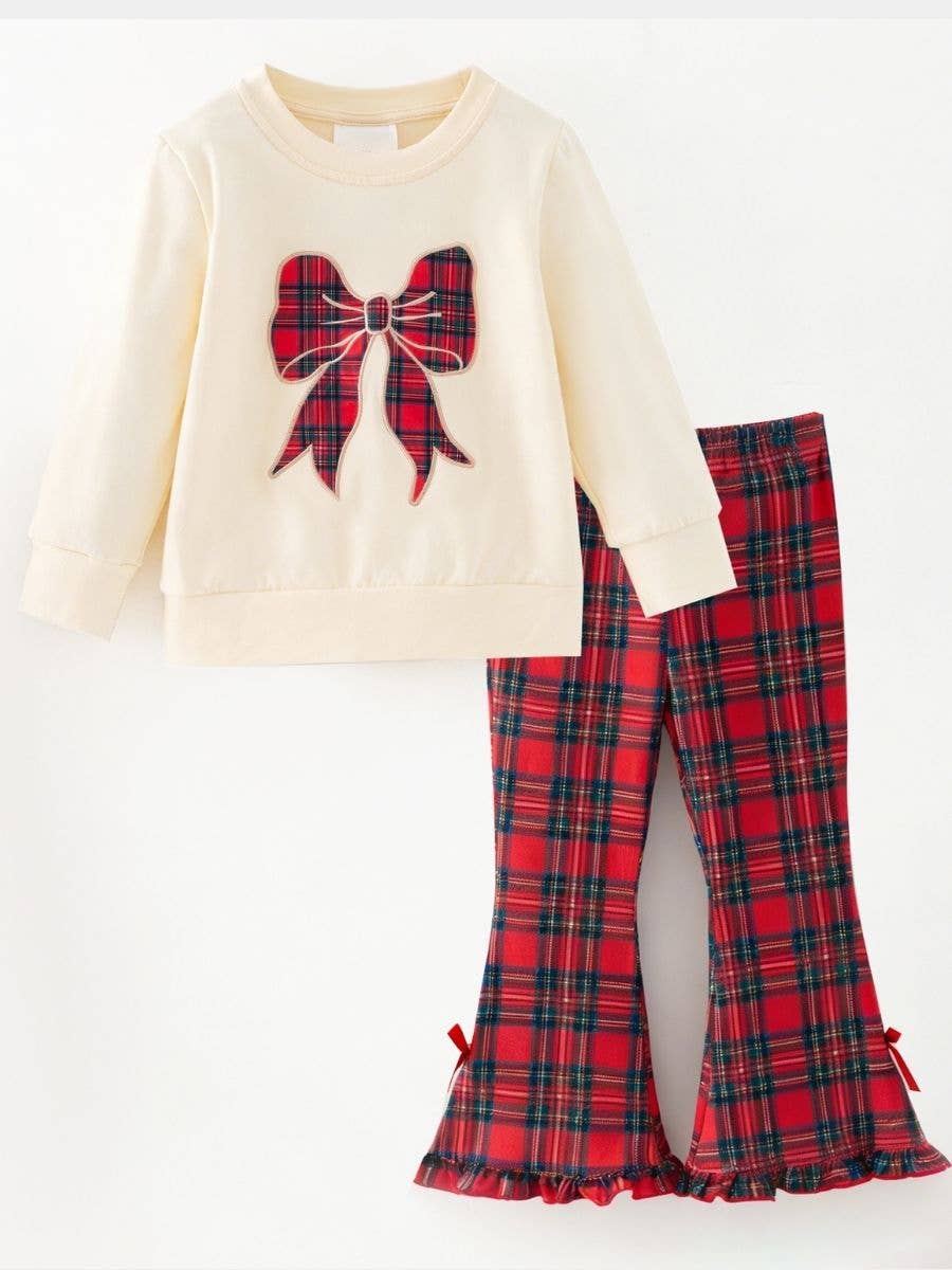 Cream Tartan Bow Girls Bell Bottom Set