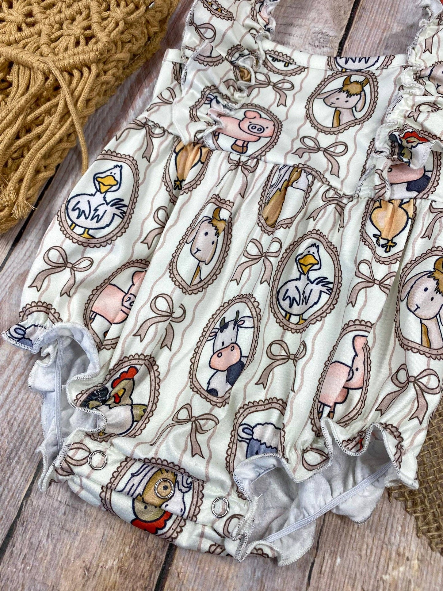 Farm Friends Cameo Bubble Romper | Baby Farm Animal Ruffle Romper