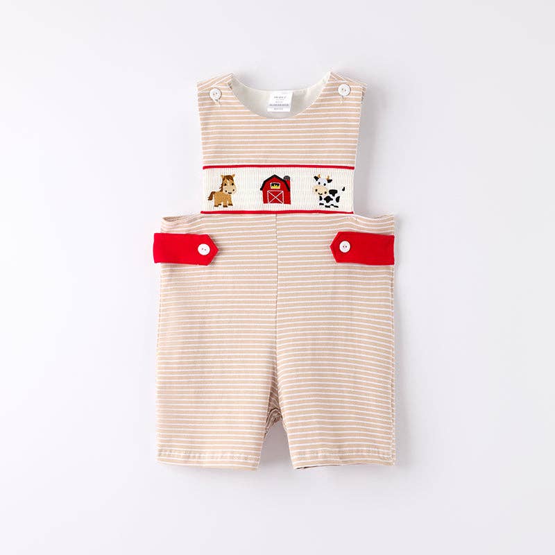 Baby Boys Farm Smocked Embroidered Stripes Romper