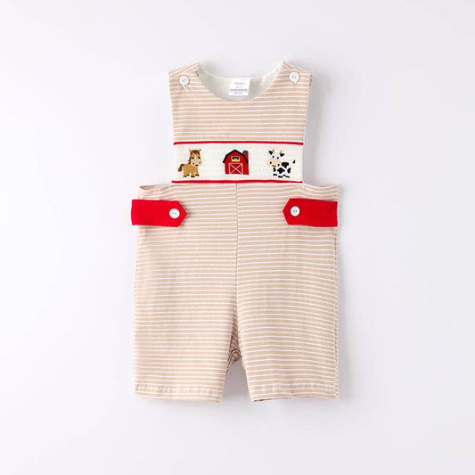 Baby Boys Farm Smocked Embroidered Stripes Romper
