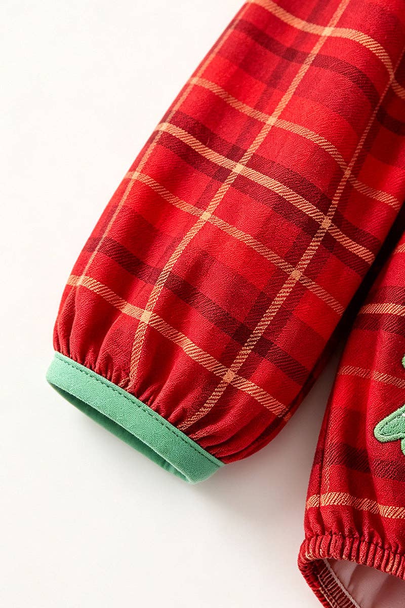 Plaid smocked baby jumpsuit with Christmas tree