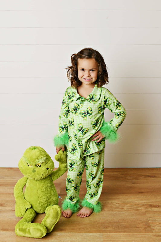 Adorable Sweetness - Girls Holiday Christmas Green Festive Bow Lounge Set