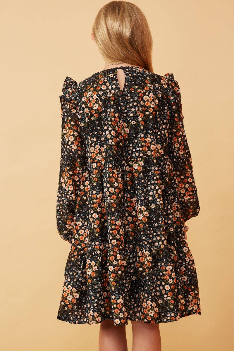 Hayden LA - Girls Floral Print Ruffle Shoulder Long Sleeve Dress