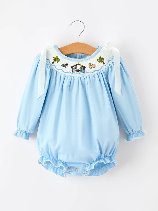 Rylee Faith Designs - Christmas Nativity Smocked Baby Bubble Romper