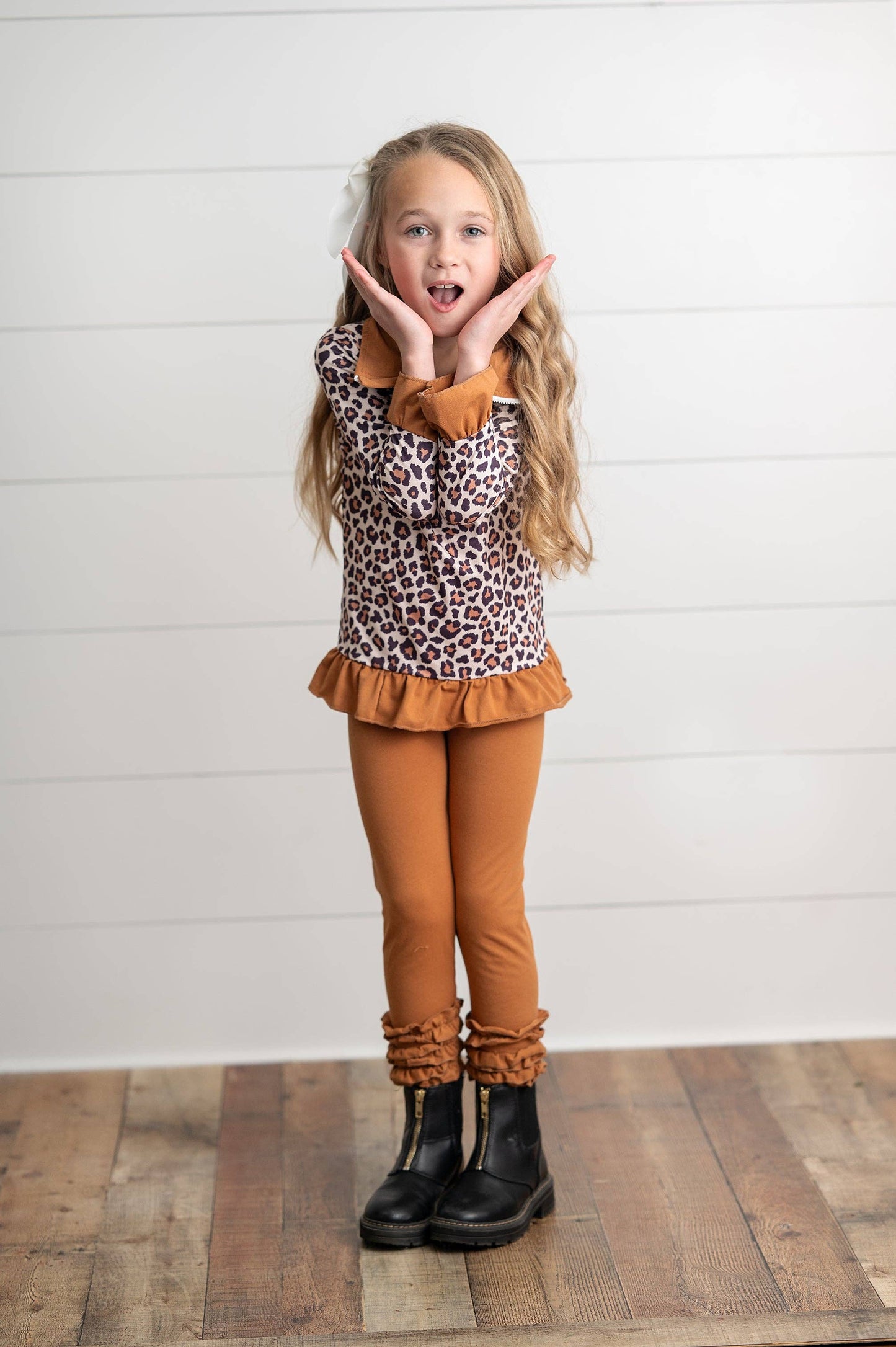 Girls Rust & Leopard Ruffle Zip Up Carmel Fall Pant Set