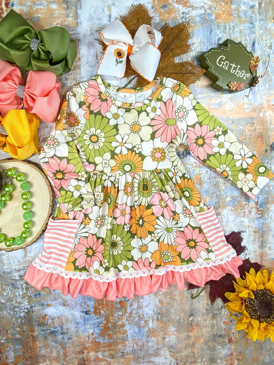 The Hair Bow Company - Fall Flowers Pink Ruffle Twirl Dress