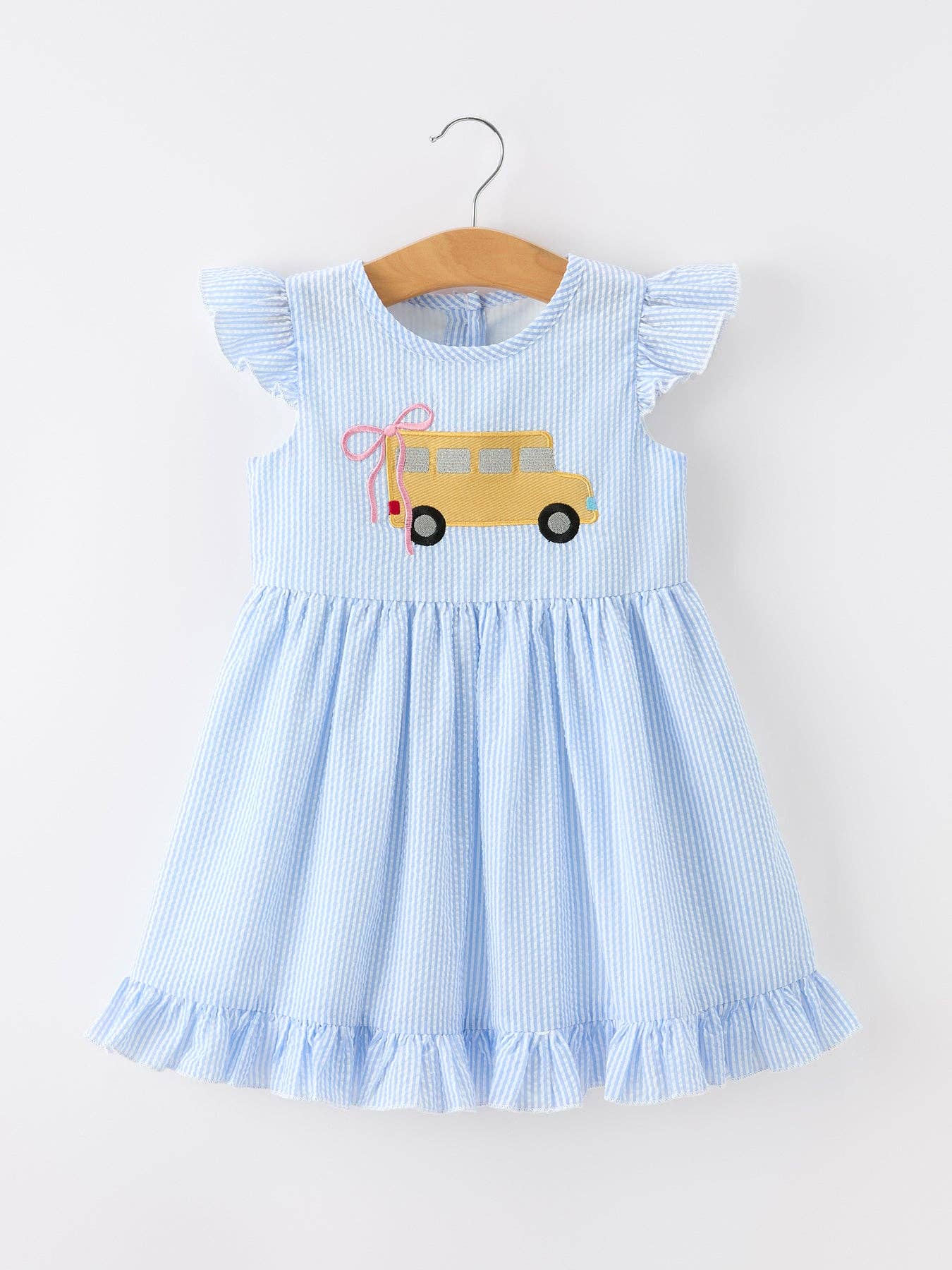 Rylee Faith Designs - Summer Bus Applique Girls Dress Blue Stripe Ruffle