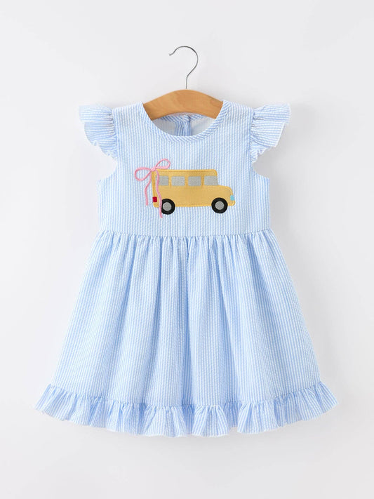Rylee Faith Designs - Summer Bus Applique Girls Dress Blue Stripe Ruffle
