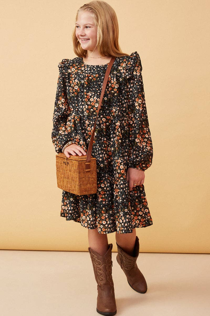 Hayden LA - Girls Floral Print Ruffle Shoulder Long Sleeve Dress