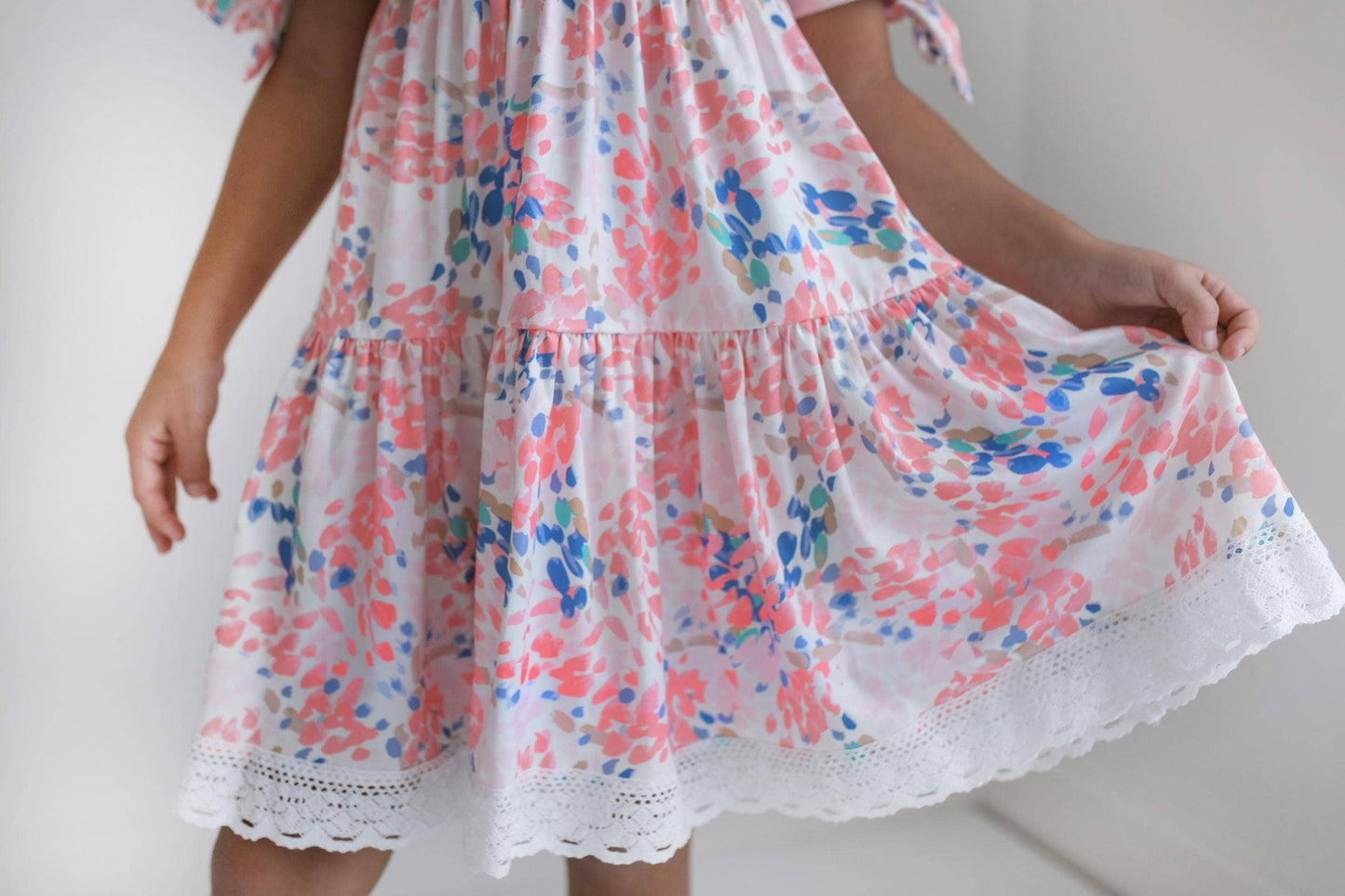 Kids Pink & Blue Lace Tiered Square Neck Spring Summer Dress