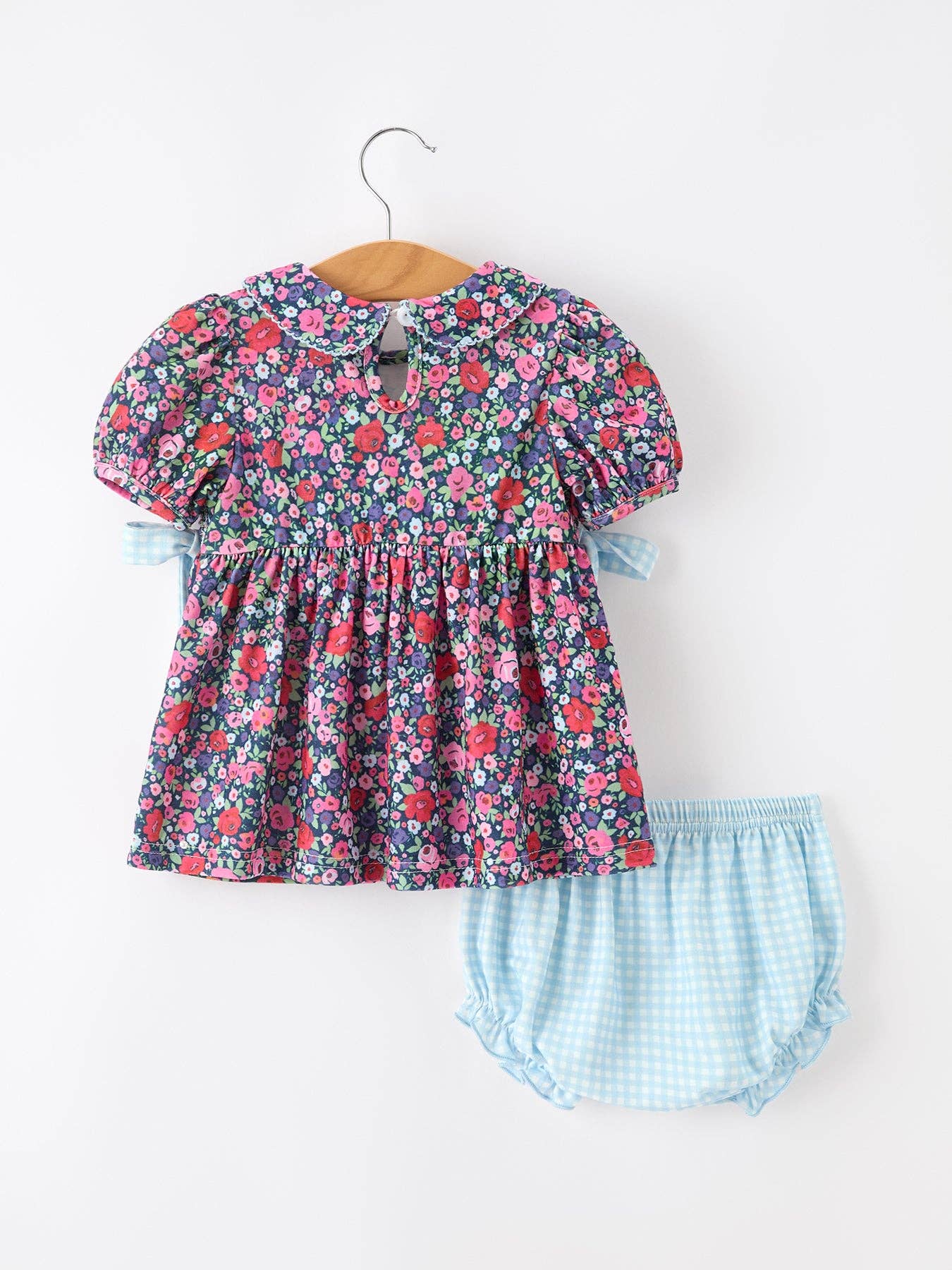 Rylee Faith Designs - Blue Bow Floral Smocked Girl Bloomer Set