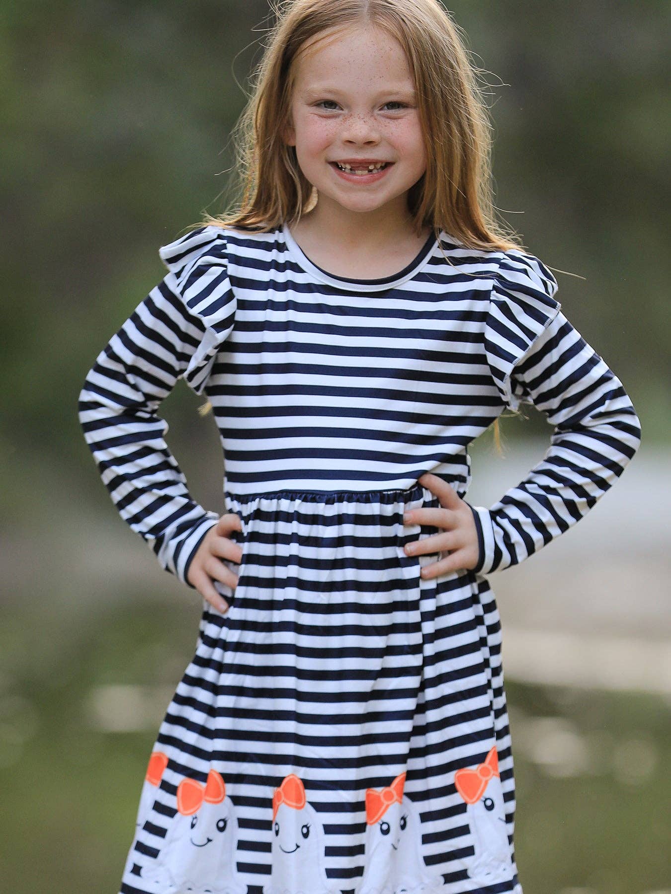 Rylee Faith Designs - Halloween Black and White Striped Print Girls Dress
