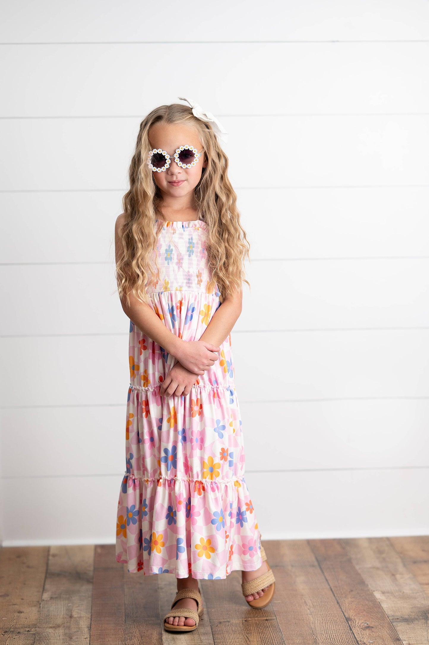 Oopsie Daisy - Girls Pink Retro Daisy Tiered Spring Summer Maxi Dress