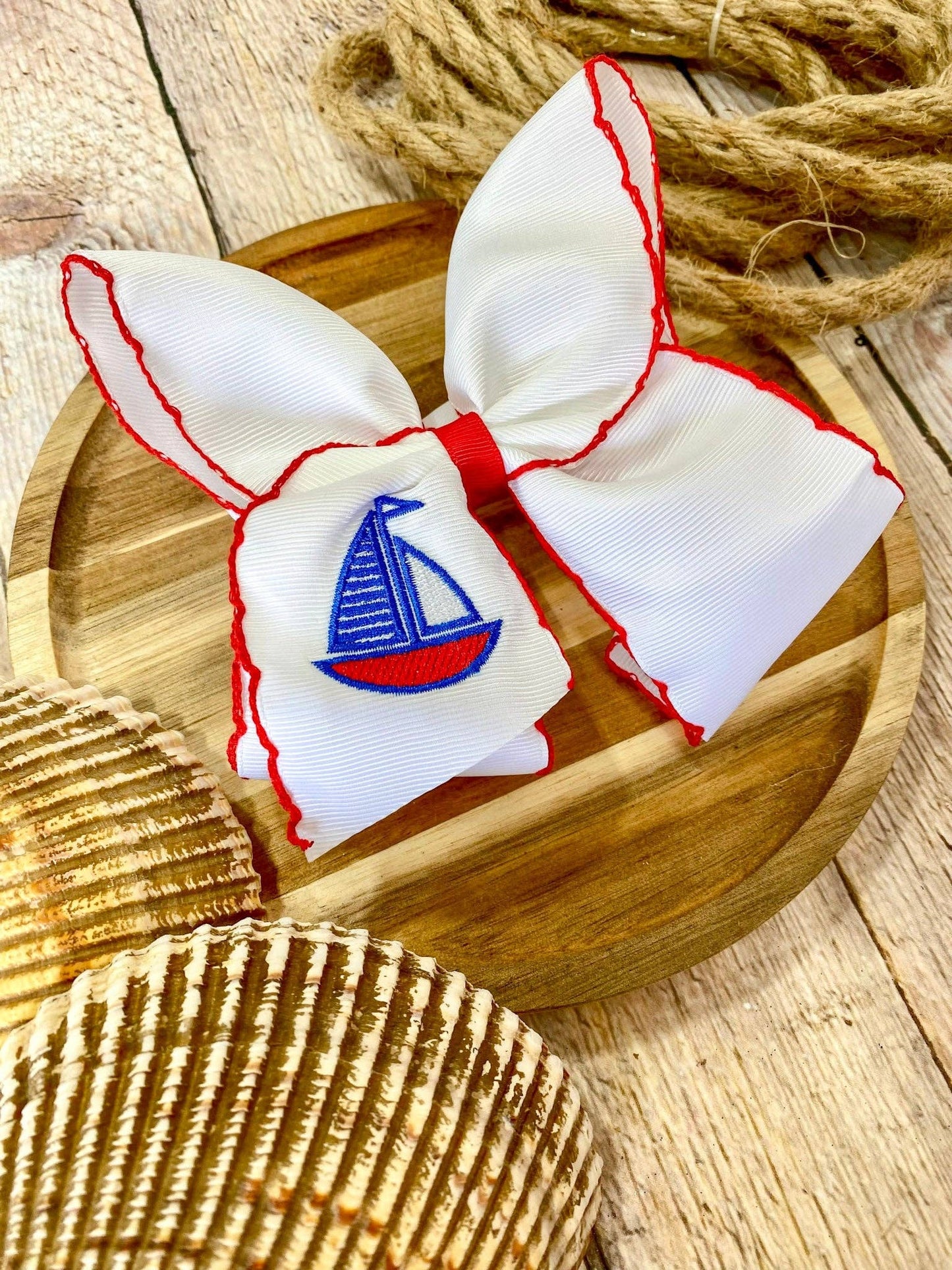 Sailboat Embroidered Classic Hair Bow | Clip